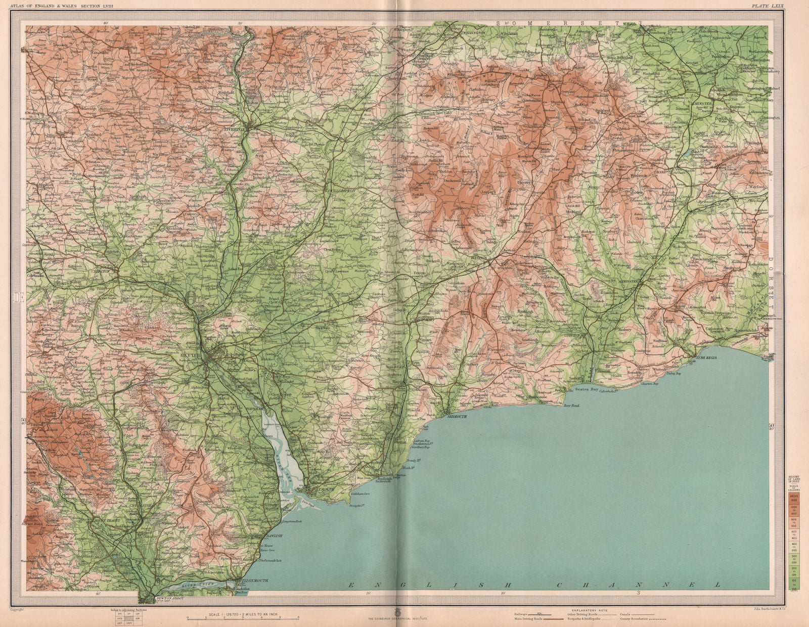 SOUTH DEVON. Exeter Honiton Tiverton Blackdown Hills Lyme Regis. LARGE 1903 map
